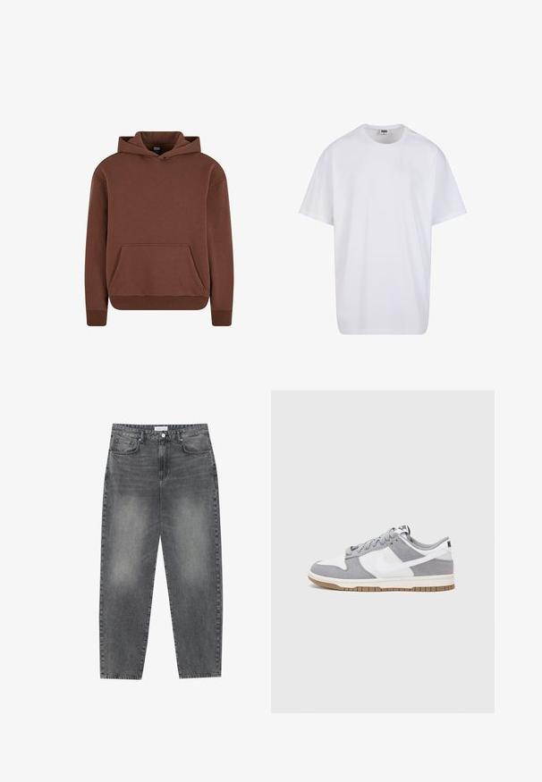 Brūna kapucēta džemperis, kas izgatavots no mīksta auduma, ar kangurū kabatu, ribota piedurknes un brīvas formas dizainu.; Balta kokvilnas T-kreklu ar īsām piedurknēm, apaļu kakla izgriezumu, brīvu piegriezumu un bez redzamām logo vai rakstiem. Gluda tekstūra un minimālistisks dizains.; Augsta vidukļa, platā stila džinsi izbalējušā melnā denima. Ar pieciem kabatām, jostas cilpām un tīru, taisnu kāju dizainu.; Pelēki un balti sporta apavi ar zamšādas un ādas virsu, noapaļota purngala, plakaniem šņorēm un gumijas zoli ar gumijas akcentu.