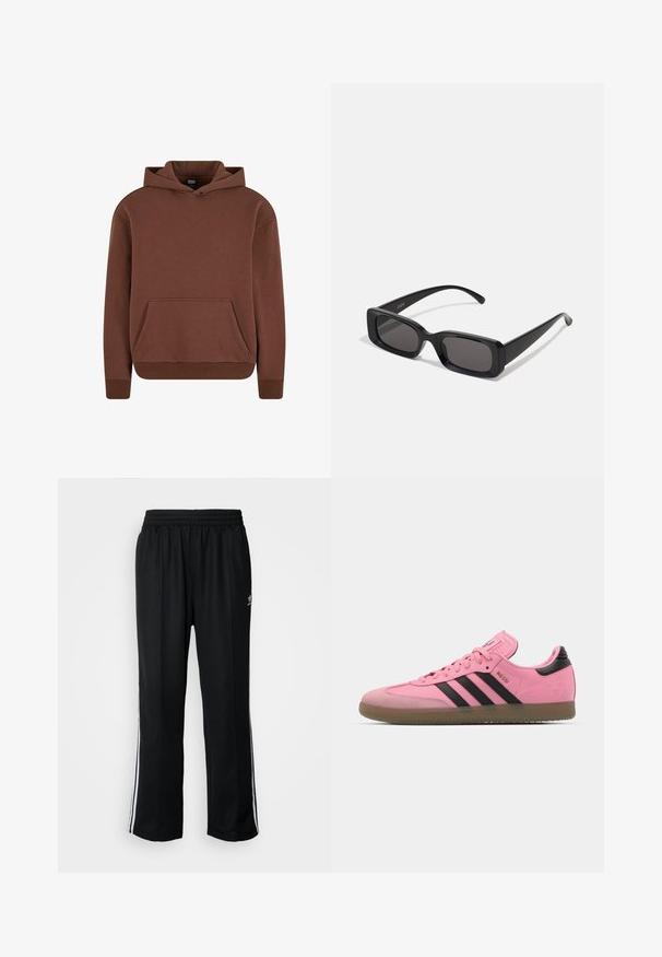 Felpa con cappuccio marrone realizzata in tessuto morbido, dotata di tasca a marsupio, polsini a costine e un design comodo.; T-shirt bianco a maniche corte realizzato in cotone morbido, con scollatura rotonda e vestibilità rilassata con orlo dritto. Nessun motivo o dettaglio visibile.; Pantaloni da allenamento neri con elastico in vita, dotati di bande laterali bianche e un piccolo logo. Il materiale sembra morbido e leggero.; Scarpe da ginnastica rosa con strisce e dettagli neri. Presentano una tomaia texturizzata, punta rotonda e suola in gomma. Sistema di allacciatura con linguetta imbottita.; Occhiali da sole neri rettangolari con lenti scure, finitura lucida, aste larghe e design della montatura spessa. Nome del marchio inciso su un'asta.; Borsa a tracolla nera realizzata in materiale resistente, con chiusura a pattina, tracolla regolabile e dettagli del logo frontale.