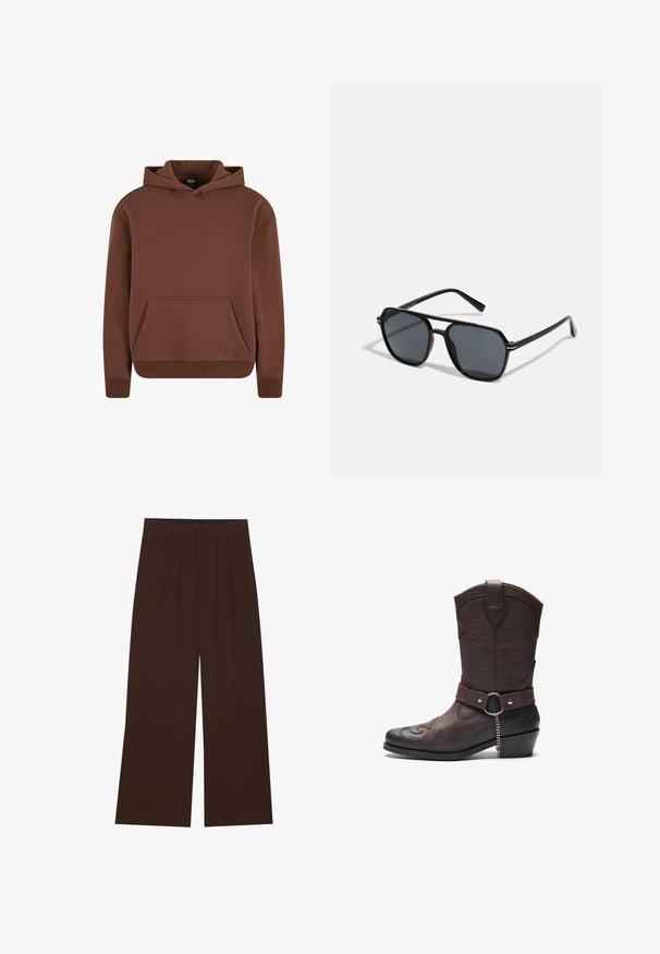 Bruine hoodie gemaakt van een zachte stof, met een kangaroezak, ribgebreide boorden en een ontspannen pasvorm.; Bruine wijde broek met plooien. Gemaakt van een gladde stof, met een op maat gemaakt tailleband en zijzakken. Rechte zoom aan de onderkant.; Bruine leren cowboylaars met decoratieve stiksels, spitse neus en een mid-height blokhak met een band en kettingdetail.; Zwarte zonnebril met een octagonaal frame, donkere lenzen, glanzende afwerking, dunne tempels en gouden accenten aan de voorkant.