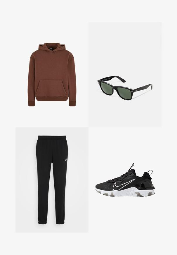 Brown hooded sweatshirt made of soft fabric, featuring a kangaroo pocket, ribbed cuffs, and a relaxed fit design.; Black sweatpants with an elastic waistband, cuffed ankles, and a small white Nike logo on the left side. Made from soft textured fabric.; Black athletic shoe with a textured fabric upper, white Nike swoosh, and thick white sole. Features a pull tab on the heel for easy wear.; Black plastic sunglasses with green lenses, square frames, silver accent on the brow, and textured temple arms. Stated brand on inner arm.