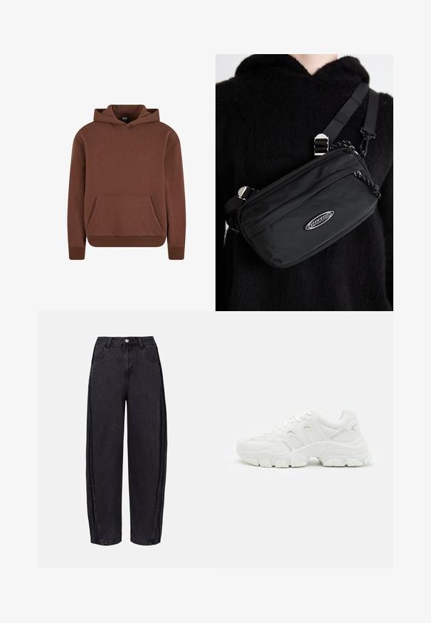 Felpa con cappuccio marrone realizzata in tessuto morbido, dotata di tasca a marsupio, polsini a costine e un design comodo.; Jeans neri a gamba larga realizzati in denim con una trama liscia. Presentano una vita alta, tasche frontali e chiusura a bottone in vita.; Sneakers atletici bianchi con tomaia in rete e dettagli in pelle, suola in gomma testurizzata e design massiccio con contorni ben definiti.; Borsa a tracolla nera in nylon con tracolla regolabile, caratterizzata da una texture liscia, una tasca con zip frontale e un accento con logo.