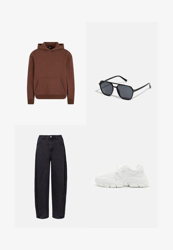 Pruuni kapuutsiga sviiter, mis on valmistatud pehmest kangast, känguru tasku, soonikkätised ja lõdva lõikega disain.; Mustad laiad teksapüksid, mis on valmistatud siledast denimist. Omavad kõrget taljejoont, esikotte ja nööpe kinnitamist talje ümber.; Valged spordijalatsid, millel on võrgust ülaserv ja nahast detailid, tekstuuriga kummist tald ning massiivne disain teravate kontuuridega.; Mustad mustad prillid oktaalpäistega, tumedad läätsed, läikiv viimistlus, õhukesed templid ja kuldsed aktsendid ees.