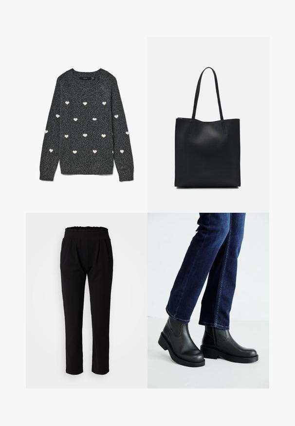 Pilkas megztinis su apvalia iškirpte ir ilgomis rankovėmis, dengtas pasikartojančiu baltų mažų širdelių raštu. Minkšta tekstūra.; Juodos, aukštai pasirenkamos kelnės su volungu diržo juostele, pasižyminčios lygiu, elastingu audiniu ir tiesiomis kelnėmis. Nėra matomų raštų.; Juoda odinė kulkšninių botų su storu padu ir šoninėmis elastinėmis detalėmis, derinama su tamsiai mėlynomis džinsais. Žemė šviesios spalvos.; Juodas odinis tote krepšys su lygia tekstūra, stačiakampio formos ir dviem ilgais rankenomis. Matomų metalinių detalių ar puošybos nėra.