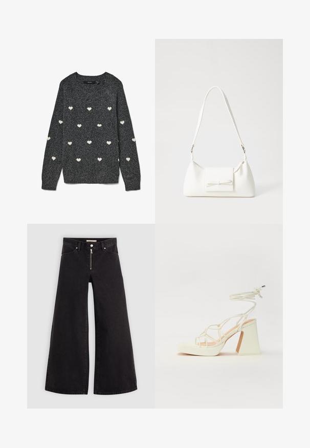 Grey sweater with a round neckline and long sleeves, featuring a repeated pattern of small white hearts throughout. Soft textured fabric.; Wide-leg jeans in black denim with a zippered front, five-pocket design, and subtle stitching details. Smooth texture and casual style.; White high-heeled sandal with a chunky heel, featuring a strappy design and ankle tie. Smooth texture with a platform front for added height.; White synthetic handbag with a triangular shape, flat front flap and bow detail, adjustable strap, smooth texture, and minimalistic design.