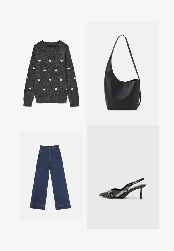 Maglione grigio con scollo rotondo e maniche lunghe, caratterizzato da un motivo ripetuto di piccoli cuori bianchi su tutta la superficie. Tessuto dalla texture morbida.; Jeans a gamba larga in denim blu scuro. Presentano cinque tasche, passanti per cintura e un orlo grezzo in fondo con dettagli di cucitura visibili.; Scarpa slingback in vernice nera con punta affusolata, cinturini alla caviglia con fibbie in argento e accessori, e tacco sottile.; Borsa hobo nera in pelle con una superficie liscia, forma curvata e una singola tracolla regolabile; presenta un'ampia apertura nella parte superiore.