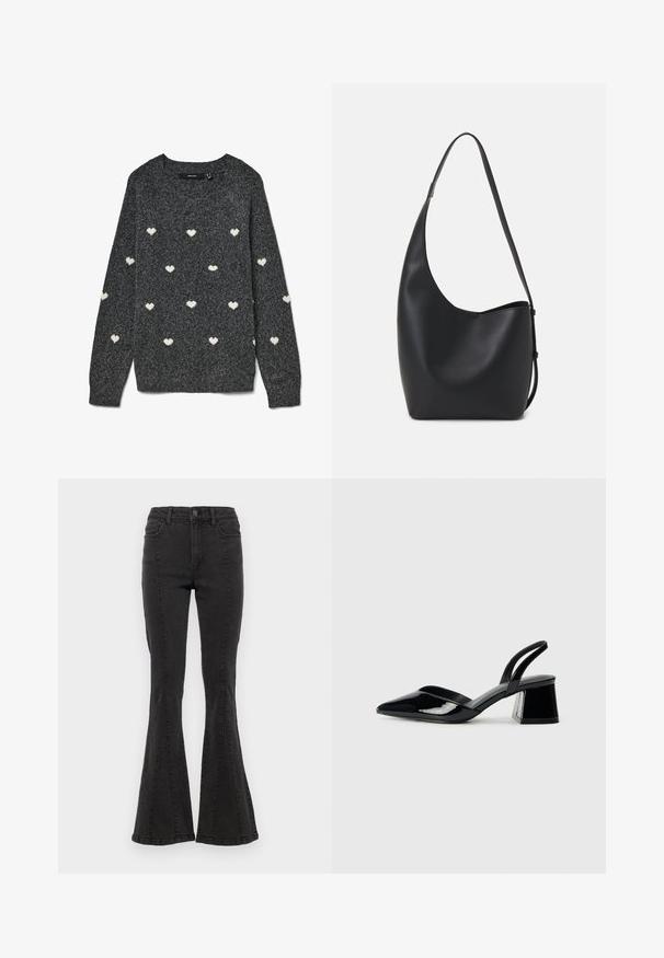 Grey sweater with a round neckline and long sleeves, featuring a repeated pattern of small white hearts throughout. Soft textured fabric.; Black denim flared jeans with a high waist, featuring side seams and a clean finish at the hem. Fabric has a smooth texture with slight stretch.; Black patent leather slingback heels with a pointed toe and a geometric block heel. Features a sleek, minimal design and smooth texture.; Black leather hobo bag with a smooth texture, curved shape, and single adjustable strap; features a wide opening at the top.