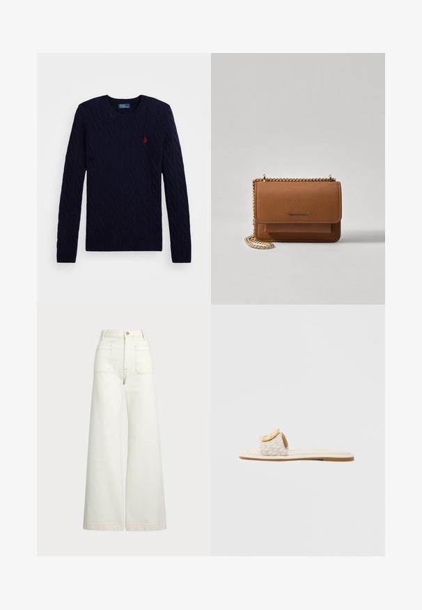 Tumes värvi kabeli-kootud särk ribakäärte ja äärtega, väikese punase logo aktsendiga rinnal ning klassikalise ümarkaelusega.; Laiad teksad heledast denimist. Kõrge vöökoht, nööbivöö, kaks esikotitäit ja kontrastsed õmblused.; Liugesandaal, millel on beež rihm geomeetrilise mustriga, ülaosal ümmargune kollane aktsent ja lame, helepõhjaga tald.; Pruun tekstureeritud nahk ristkeha kott kuldse ahelaga rihmaga ja klapiga sulgemine. Esiküljel on logo detail ja tasku klapi all.