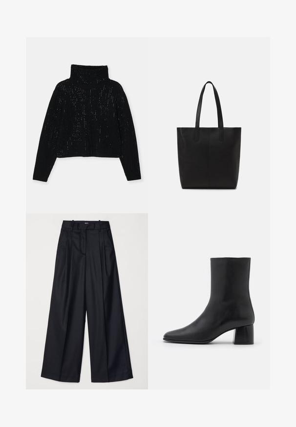 Alice + Olivia Trui - black; Zwarte wijde broek van soepel materiaal, met een hoge taille, plooien en een getailleerd ontwerp. Eenvoudige zwarte details bij de taille.; Zwarte leren enkelboot met een spitse neus en een chunky vierkante hak. Glad oppervlak met een naadloos ontwerp en minimalistische stiksels.; Zwarte tote bag van getextureerd materiaal, met twee lange handvatten en een eenvoudig, minimalistisch ontwerp zonder zichtbare hardware.