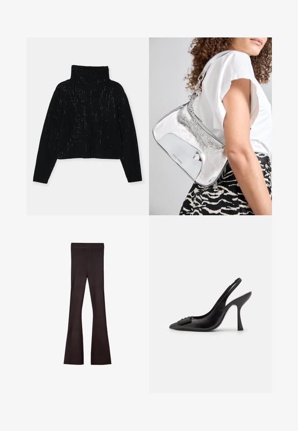 Alice + Olivia Strickpullover - black; Bershka Stoffhose - dark brown; Schwarzer Leder-Slingback-Schuh mit spitzem Zehenbereich, schlankem High Heel und dekorativem Schleifenakzent. Glatte Textur und elegantes Design.; Silberne metallische Schultertasche mit glatter Textur, geschwungenem Design, Kettenriemen und einer glänzenden Vorderseite mit einer dezenten Logo-Gravur.; Silberohrringe mit einem fließenden, spiralförmigen Design. Glatte Textur mit polierter Oberfläche. Verfügt über einen subtilen Glanz und keine sichtbaren Verzierungen.