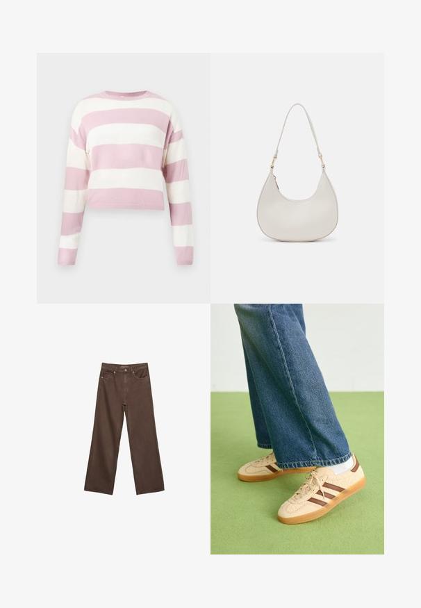Lyserød og hvid stribet cropped sweater, strikket tekstur, rund halsudskæring, lange ærmer, med vandrette striber i lige bredde.; Bredde ben brun denim jeans med høj talje, forlommer og klassisk knaplukning. Glat tekstur med diskret syninger.; Beige sneakers med teksturerede cremefarvede paneler og brune striber, parret med blå denim jeans. Jeansene har brede ben og en frynset kant.; Cremefarvet læder skuldertaske med en halvmåneform, tynd rem og diskrete syninger. Minimalistisk design med hardware-accenter i guldton.