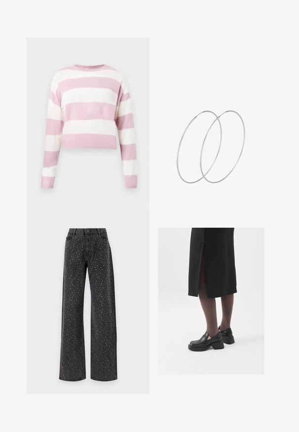 Suéter corto de rayas rosa claro y blanco, con textura de punto, cuello redondo y mangas largas, con rayas horizontales de igual ancho.; Noisy May NMJANNEL LOOSE - Vaqueros boyfriend - black denim; Zapatos de piel negra con punta redondeada, tacón grueso y bloque, y acentos elásticos en los laterales, combinados con unos pantys oscuros y una falda negra con una abertura.; Pendientes de aro plateados con un diseño minimalista. Forma circular, textura suave y perfil delgado. Livianos con un acabado pulido.