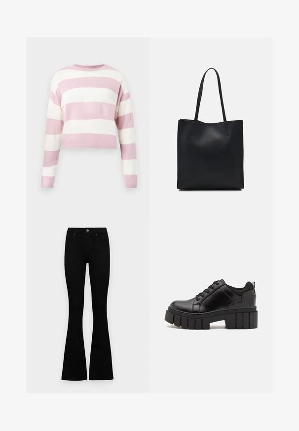 Világos rózsaszín és fehér csíkos, rövidített pulóver, kötött textúrával, kerek nyakkal, hosszú ujjakkal, egyenlő szélességű vízszintes csíkokkal.; Fekete, magas derekú farmernadrág gomb- és cipzárzárral, elülső zsebekkel és harangszárral, laposan egy fehér háttérre terítve.; Fekete bőr platform cipők vaskos blokk sarkakkal, kerek orral és hagyományos fűzős kialakítással. Simára csiszolt felület és minimális részletezés jellemzi.; Fekete bőrtáska sima felszínnel, téglalap alakú, két hosszú füllel. Nincs látható fémkiegészítő vagy díszítés.