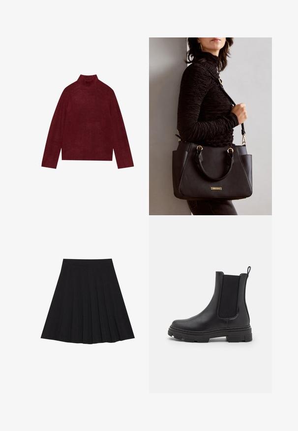 Suéter turtleneck borgonha, malhado, com detalhes canelados no colarinho e nos punhos, apresentando uma forma ampla e uma textura suave.; Saia preta plissada feita de tecido texturizado com uma faixa na cintura ajustada. Cai até ao joelho, apresentando uma silhueta suave e limpa.; Bota de tornozelo em couro preto com painéis laterais elásticos, bico arredondado e sola de borracha texturizada. Apresenta uma alça na parte traseira para fácil calçar.; Bolsa preta com superfície texturizada, alças superiores duplas e alça de ombro ajustável. Apresenta ferragens em tom dourado e bolsos laterais.