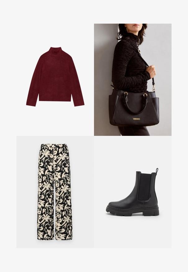 Burgundy turtleneck neule, kudottu, jossa on ribbikuviointi kauluksessa ja hihoissa, ja jonka muoto on laatikkomainen ja pehmeä rakenne.; Mustat leveälahkeiset housut, joissa on kermaisen värinen kukkakuosi. Valmistettu kevyestä kankaasta, jossa on sileä pinta ja korkea vyötärö.; Mustat nahka-ankle bootsit, joissa on joustavat sivupaneelit, pyöristetyt varpaat ja teksturoitu kumipohja. Takana on silmukka helppoa pukemista varten.; Musta käsilaukku, jossa on teksturoitu pinta, kaksi yläkantta ja säädettävä olkahihna. Varustettu kultasävyisillä varusteilla ja sivutaskuilla.