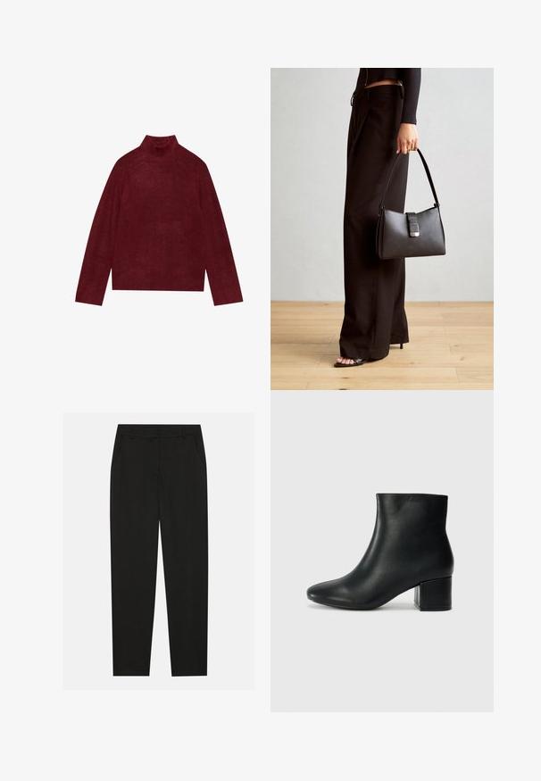 Bordo spalvos golfas, megztas, su rytiniu raštu ant apykaklės ir rankovių, pasižymintis kvadrato formos siluetu ir švelnia tekstūra.; Juodos kelnes su pritaikytu dizainu, turinčios šonines kišenes ir tiesią koją. Pagamintos iš lygaus, lengvo audinio su blizgiu paviršiumi.; Juodos odinės aulinės botai su smailiu priekiniu pirštu ir storu kulnu. Lygus tekstūra su minimaliomis detalėmis ir elegantišku, tvirtai priglundančiu dizainu.; Juodas rankinė struktūrizuota forma, lygi tekstūra ir metalinis užsegimas. Suporuota su plačiomis juodomis kelnėmis ir atvirais bateliais ant medinių grindų.