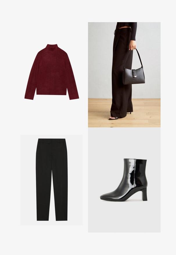 Bordo spalvos golfas, megztas, su rytiniu raštu ant apykaklės ir rankovių, pasižymintis kvadrato formos siluetu ir švelnia tekstūra.; Juodos kelnes su pritaikytu dizainu, turinčios šonines kišenes ir tiesią koją. Pagamintos iš lygaus, lengvo audinio su blizgiu paviršiumi.; Juodos lakuotos odinės aulinukės su smailiu pirštu ir vidutinio aukščio blokuotu kulnu. Lygus paviršius ir minimalistinis dizainas.; Juodas rankinė struktūrizuota forma, lygi tekstūra ir metalinis užsegimas. Suporuota su plačiomis juodomis kelnėmis ir atvirais bateliais ant medinių grindų.