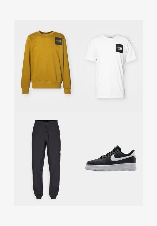 The North Face M FINE CREW - Mikina - khaki; Bílý bavlněný tričko s černou čtvercovou kapsou a bílým logem "The North Face". Krátké rukávy a design s kulatým výstřihem.; Černé sportovní kalhoty vyrobené z lehké tkaniny, s páskem na šňůrku, bočními kapsami a zúženými manžetami na kotnících.; Černé kožené tenisky s texturovaným povrchem, bílým logem Nike, šedou podrážkou, kulatou špičkou a designem na šněrování. Obsahují perforace na špičce.