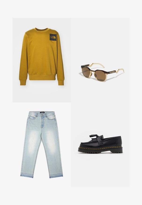 The North Face M FINE CREW - Sudadera - khaki; Pegador BARROW - Vaqueros holgados - sand washed blue; Mocasín de cuero negro con un acento de borlas, que presenta una suela gruesa negra y costuras amarillas a lo largo del borde. Acabado texturizado.; Gafas de sol redondas de color marrón con montura de carey y claro tono amarillo, brazos angulares y detalles texturizados en las patillas.; Collar de metal plateado de tres capas que presenta cadenas flexibles y elegantes con un ligero brillo, asegurado con un cierre de langosta y cadena ajustable.