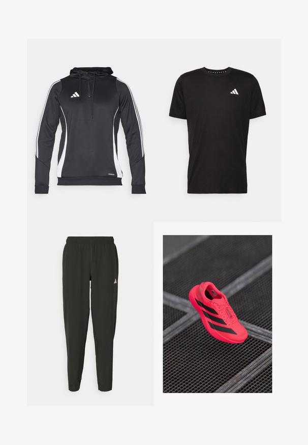 Μαύρο αθλητικό φούτερ με λευκές πλευρικές λεπτομέρειες, διαθέτοντας κολάρο με φερμουάρ, μακριά μανίκια και λογότυπο Adidas στο στήθος.Κατασκευασμένο από ελαφρύ ύφασμα.; Μαύρο βαμβακερό μπλουζάκι με κοντά μανίκια, στρογγυλή λαιμόκοψη και λευκό λογότυπο στην αριστερή πλευρά του στήθους. Λείο υλικό και απλός σχεδιασμός.; Μαύρο αθλητικό παντελόνι με ελαστική μέση, στενή εφαρμογή και λευκό λογότυπο στο αριστερό πόδι. Λειτουργικό, ελαφρύ ύφασμα.; Φωτεινό ροζ αθλητικό παπούτσι με μαύρες ρίγες, κατασκευασμένο από ελαφρύ πλέγμα, με υφή σόλας και σχέδιο με κορδόνια.