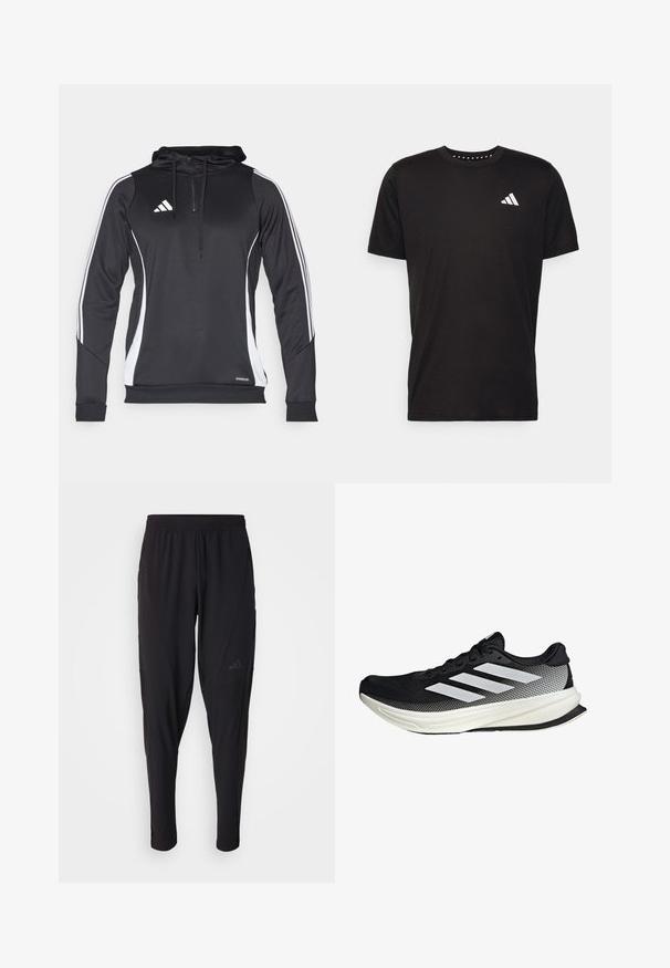 Černá sportovní mikina s bílými bočními akcenty, s kvzipovým límcem, dlouhými rukávy a logem Adidas na hrudi. Vyrobena z lehkého materiálu.; Černé bavlněné tričko s krátkým rukávem, kulatým výstřihem a bílým logem na levé hrudi. Hladká textura a jednoduchý design.; Černé sportovní kalhoty s elastickým páskem, zúženým střihem, bočními kapsami a nenápadným logem. Vyrobeno z pružné, prodyšné látky.; Černá sportovní boty s síťovaným designem, s bílými pruhy, zaoblenou špičkou a texturovanou podrážkou pro lepší přilnavost a oporu.