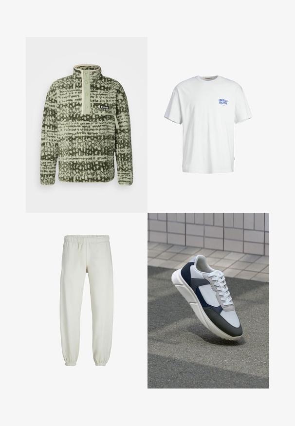 Columbia HELVETIA - Flisinis džemperis - greenscape; Balta medvilnės marškinėliai su laisvu pritaikymu, kairėje krūtinės pusėje su mėlyna užrašu "ORIGINALS SINCE 1990", taip pat turi austą etiketę šone.; Baltos sportinės kelnės, pagamintos iš minkštos medžiagos, su elastinga juosmeniu ir rankogaliais, turinčios lygią tekstūrą ir laisvą siluetą.; Baltos, tamsiai mėlynos ir pilkos sportbačiai su mišriomis medžiagomis, turintys tekstūruotą viršutinę dalį, plokščius raištelius ir paminkštintą pado dalį.