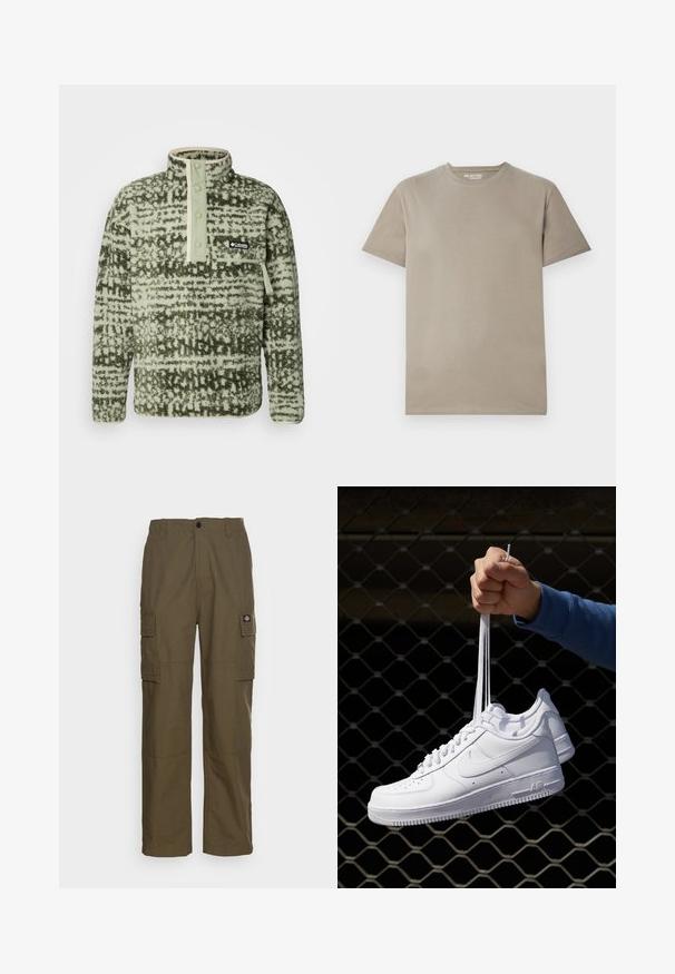 Columbia HELVETIA - Polárpulóver - greenscape; Rövid ujjú póló világos bézs színű pamutból, kerek nyakkivágással, egyszerű dizájnnal és sima textúrával, látható minták vagy kiegészítők nélkül.; Olajzöld cargo nadrág, tartós anyagból készült. Két oldalsó zsebe van, szabványos derékkal és egyenes fazonnal rendelkezik.; Fehér bőr sportcipők perforációval, kerek orral, lapos talppal és vastag fűzőkkel, látható swoosh logóval és "AIR" felirattal a sarokrészen.