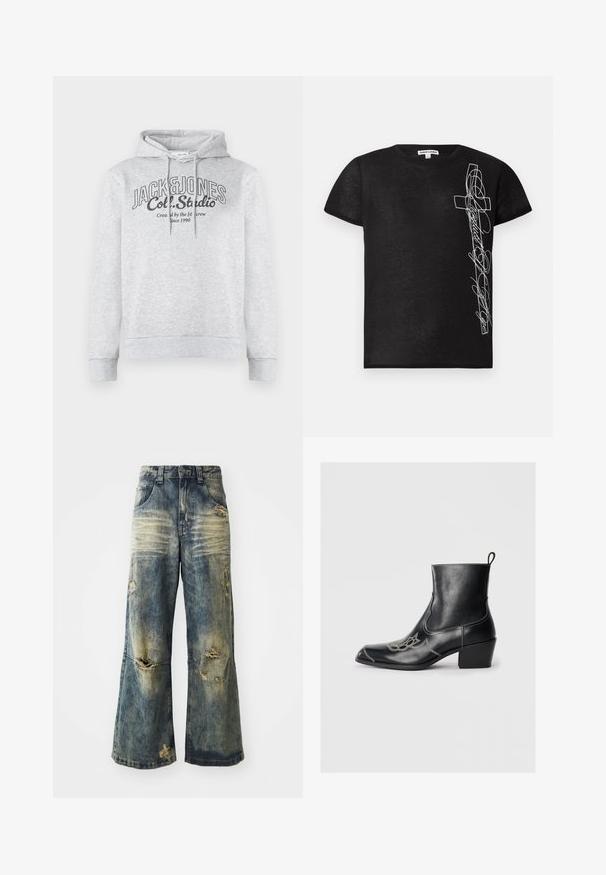 Pilka medvilninė džemperiukas su reguliuojama kapuce, pridedamomis rankovėmis ir priekinė grafika su užrašais "JACK & JONES" ir "Col. Studio".; Juodas trumpomis rankovėmis marškinėliai, pagaminti iš minkštos medžiagos, su baltu siuvinėtų kryžiaus ir stilizuoto teksto grafiku kairėje pusėje.; Išblukę mėlyni plačių kojų džinsai su nusidėvėjusiomis plyšėmis ir nusidėvėjusiomis siūlėmis. Yra tradicinė penkių kišenių konstrukcija ir diržo kilpos juosmens srityje.; Juodos odinės ankle batai su kvadratiniu pirštu, dekoratyviomis siūlėmis ir žemu blokiniu kulnu. Turės trauktuką, kad būtų lengva apsiauti.
