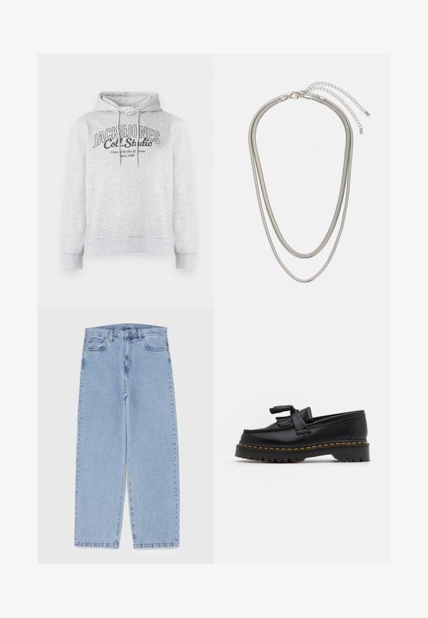 Šedá bavlněná mikina s kapucí na stažení, žebrovanými manžetami a předním potiskem s texty "JACK & JONES" a "Col. Studio".; Světle modré džíny s rovnými nohavicemi, středním pasem, pěti kapsami a zapínáním na knoflík a zip.; Černé kožené mokasíny s třásněmi, se silnou černou podrážkou a žlutým prošíváním podél okraje. Texturovaný povrch.; Vícevrstvý stříbrný kovový náhrdelník s elegantními, flexibilními řetízky s jemným leskem, zabezpečený karabinkou a nastavitelným řetízkem.