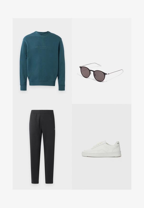 Teal sweatshirt lavet af blødt materiale, med rund hals og ribbede manchetter. Foran vises "ARMANI EXCHANGE" logoet i tonet tryk.; Sorte joggebukser lavet af blødt stof, med elastisk måle, lige ben og et enkelt lille logo detaljeret på siden.; Hvide lædersneakers med en glat overflade, rund tå, flade snørebånd og en tekstureret sål. Har et diskret logo på hælen.; Sorte runde solbriller med mørke linser og slanke metalarme. Inkluderer klare tempeltips og sølvdetaljer ved hængslet. Minimalistisk design.