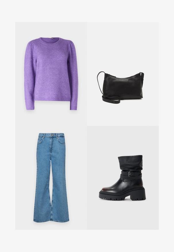 YAS YASANNE - Camisola - passion flower; Jeans de brim azuis claros, com corte à boca de sino, apresentando uma cintura alta, cinco bolsos e um fecho de botão único. Textura macia com acabamento desbotado.; Bota de tornozelo em couro preto com parte superior solta, detalhe em fivela e sola grossa e resistente. Apresenta bico redondo e textura suave.; Bolsa de ombro em pele preta com textura suave, forma curva, alça ajustável e fecho com zip. Design minimalista sem adornos.