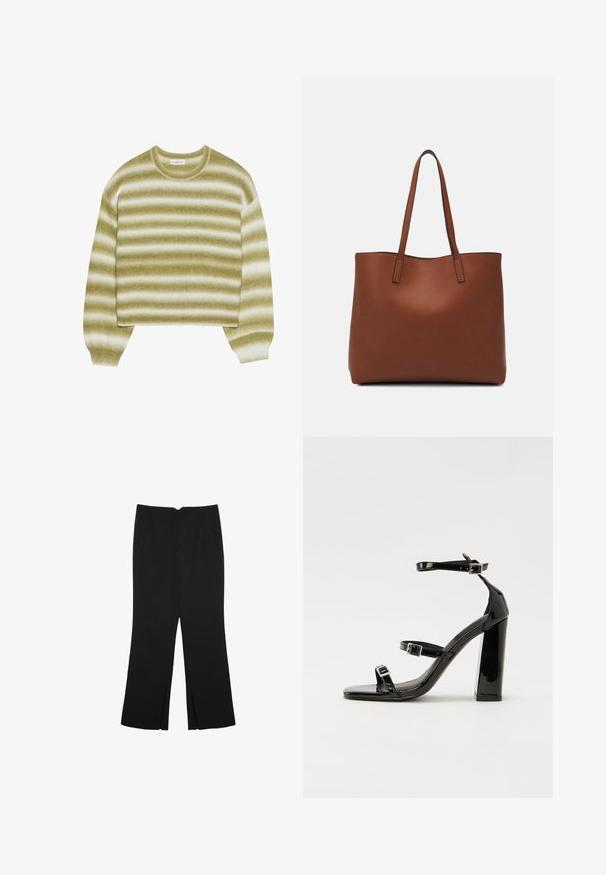 Even&Odd Pullover - multi-coloured; Pantalon noir avec une coupe droite, doté de poches avant et d'éclairs sur l'ourlet. Fabriqué en tissu doux et lisse. Convient à diverses occasions.; Sandales à talons hauts en cuir verni noir avec deux brides à boucles, bout carré et talon bloc épais, présentant une texture lisse et brillante.; Sac fourre-tout en cuir marron avec une texture lisse, design à ouverture supérieure et deux poignées pour le porter à l'épaule. Présente des coutures minimales et aucun matériel visible.