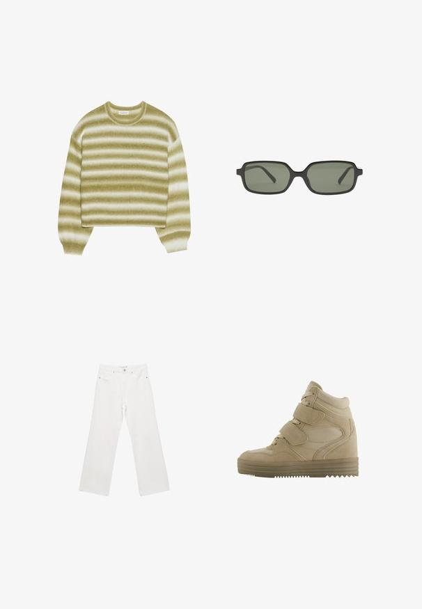 Even&Odd Strickpullover - multi-coloured; Weiße Denim-Hose mit weitem Beinschnitt, ausgestattet mit einem klassischen Fünf-Taschen-Design, Metallbeschlägen und Kontrastnähten. Glatte Textur und lockere Passform.; Beige High-Top-Sneaker mit einem Design aus Wildleder und Mesh, verstellbaren Klettverschlüssen und einer dicken Gummisohle mit einem Zickzack-Muster.; Schwarze rechteckige Sonnenbrille mit dunkelgrünen Linsen, die ein flaches Design, minimalistische Seiten und einen leichten Rahmen für hohen Tragekomfort aufweist.; Schwarze Lederhandtasche mit geflochtenen Griffen, Reißverschlussfach und hängenden Quasten. Strukturiert Oberfläche mit Metallnieten und Hardware-Akzenten.