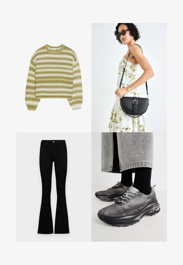 Even&Odd Strikkegenser - multi-coloured; Sorte høytlivsjeans med knapp og glidelås, frontlommer og utsvingte bein liggende flatt på en hvit bakgrunn.; Sorte og grå treningssko har en mesh-overdel, tykke såler og snøring. De har en rund tå og synlige dempe detaljer.; Svart lærveske med en buet form, avtagbar stropp og gullbeslag. Vesken har et klaff med spenne-detall.