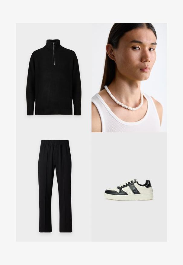 Svart strikket genser med høy krage, med halv glidelåslukking. Ribbestrikkede mansjetter og kant, jevn tekstur, minimalistisk design.; Svart, elastisk midjebukser med rett ben-design, med en glatt tekstur og uten synlige mønstre eller maskinvare.; Lædersneakers med sort og creme farveskema, der har perforerede detaljer, en polstret krave og en struktureret ydersål.; Hvit skjellkjede bestående av uregelmessige former, båret over en tettsittende hvit tanktop. Glatt tekstur med subtil glans, tettsittende design.