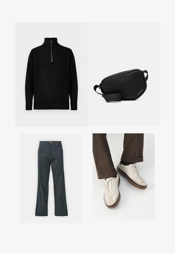 Sort strikpullover med højt krave, der har en halvlukning med lynlås. Ribbet manchetter og kant, glat tekstur, minimalistisk design.; Sorte bukser med lige ben, lavet af en bomuldsblandingsstof. Har en metalknaplukning og sidelommer. Ingen synlige mønstre.; Beige sneakers med en struktureret ruskind front, glatte lædersider og en brun gummisål. Snørebånd og let stikning er inkluderet.; Sort, lynlåset crossover-taske lavet af glat materiale, med flad form, enkelt rem og et lille logo-accents. Minimalistisk design.