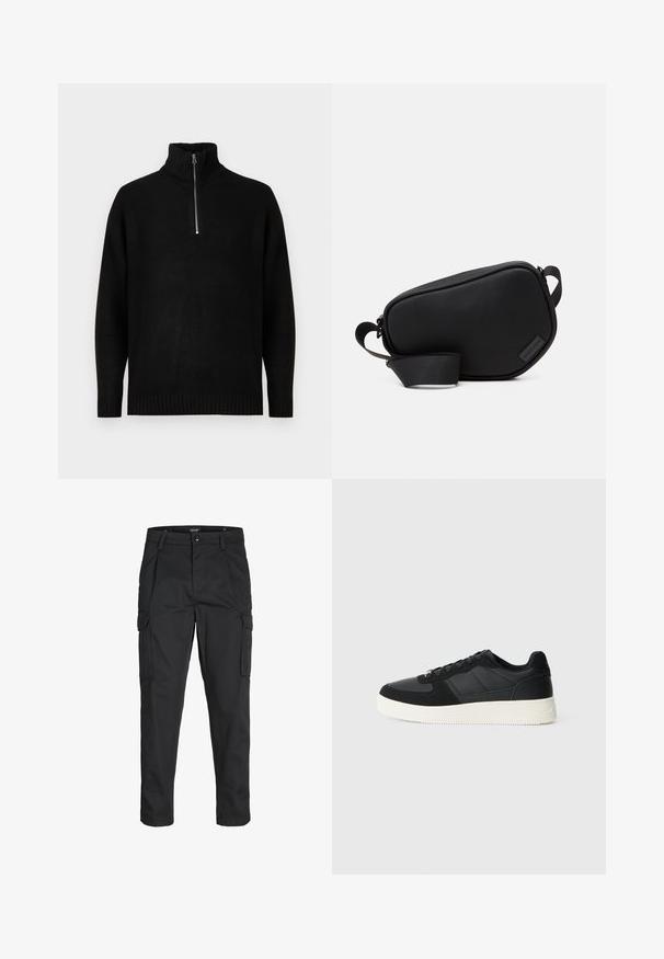 Pull noir en tricot avec un col haut, doté d'une fermeture éclair mi-longue. Manches et ourlet côtelés, texture lisse, design minimaliste.; Pantalons cargo noirs en tissu résistant, dotés de plusieurs poches, d'une fermeture par bouton et d'une coupe slim avec des jambes fuselées.; Baskets basses noires en cuir texturé et panneaux en daim, semelle en caoutchouc blanc et lacets noirs sur un fond clair.; Sac en bandoulière noir, zippé, en matériau lisse, avec une forme plate, une seule sangle et un petit logo en accent. Design minimaliste.