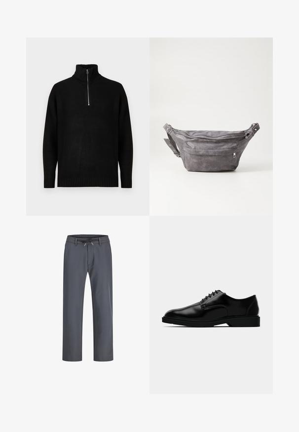 Pullover in maglia nera con colletto alto, dotato di chiusura a metà zip. Polsini e orlo a coste, texture liscia, design minimalista.; Pantaloni grigi con vita elastica e cordoncino. Design a gamba dritta, realizzati in tessuto liscio, caratterizzati da cuciture minime e senza hardware visibile.; Scarpe da uomo in pelle nera con una finitura liscia, punta arrotondata, design con lacci e suola in gomma discreta per una buona aderenza.; Fanny pack in suede grigio con forma arrotondata, due scomparti con cerniera e tracolla regolabile. Presenta dettagli in metallo.