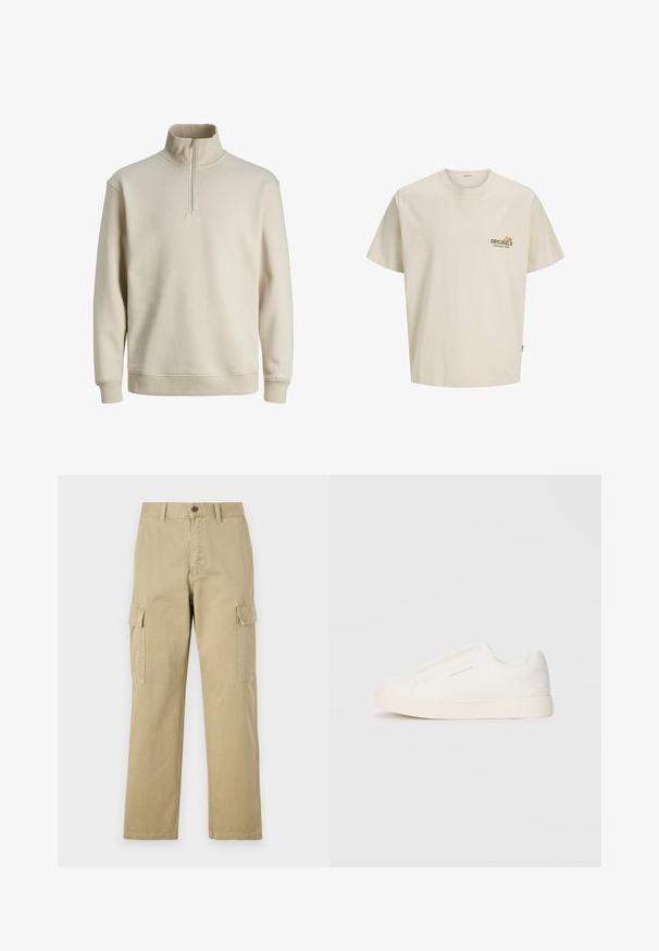 Šviesiai smėlio spalvos zip-užsegamas pūkinis džemperis su aukšta apykakle, raukšlėtomis rankogalių ir apačios dalimis. Minkštas tekstūra ir laisvalaikio dizainas, be raštų ar akcentų.; Šviesiai smėlinė medvilninė marškinėliai trumpomis rankovėmis, apvali iškirptė ir spausdintas logotipas ant krūtinės, kuris sako "ORIGINALS ESTABLISHED IN 1900".; Kreminės spalvos cargos kelnės, pagamintos iš medvilnės, su dviem šoninėmis kišenėmis, mygtukų užsegimu ir tiesiomis kojomis, šiek tiek tekstūruotu audiniu.; Baltos slip-on sportbačiai su tekstūruota paviršiumi, storesniu padu ir minimalistišku dizainu. Šone matosi prekės ženklo logotipas.