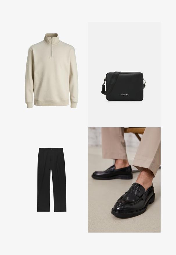 Helle beige, mit Reißverschluss versehener Pullover mit hohem Kragen, gerippten Bündchen und Saum. Weiche Textur und lässiges Design, ohne Muster oder Akzente.; Schwarze Hose mit geradem Schnitt, aus einem glatten Stoff gefertigt. Verfügt über Vorderfalten und einen einzelnen Knopfverschluss an der Taille.; Schwarze Lederloafers mit glatter Oberfläche, ausgestattet mit einem dekorativen Riemen und Kontrastnähten, kombiniert mit beigen Hosen.; Schwarze rechteckige Umhängetasche aus strukturiertem Material, ausgestattet mit einem silbernen Hardware-Verschluss und einem verstellbaren Tragegurt mit Logo.