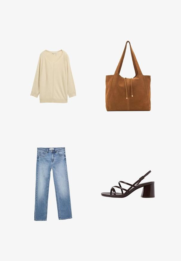 Beżowy sweter dzianinowy z szerokim okrągłym dekoltem, rękawami o długości trzech ćwierci i centralnym detalem szwu. Tkanina wydaje się miękka o gładkiej fakturze.; Proste niebieskie dżinsy z denimu, z wyblakłym wykończeniem, pięcioma kieszeniami i klasycznym zapięciem na guziki. Wykonane z bawełny z widocznym przeszyciem.; Brązowe sandały na wysokim obcasie z grubym obcasem, z gładkim, błyszczącym wykończeniem i wieloma krzyżującymi się paskami na cholewce.; Brązowa torba tote z zamszu z dwoma długimi paskami, zamknięciem na sznurek i minimalistycznym wzornictwem. Gładka tekstura i brak widocznych akcentów metalowych.
