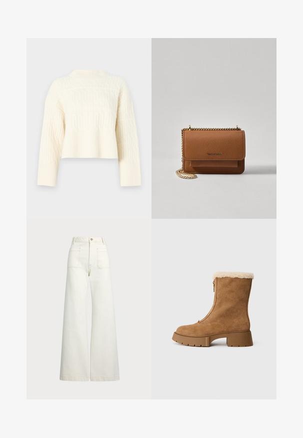 Pulover scurt de culoare crem, cu un model texturat, având un tiv cu nervuri și mâneci lungi. Fabricat dintr-un material tricotat moale.; Jeans cu picioare late din denim alb-crem. Design cu talie înaltă, cu închidere prin nasture, două buzunare frontale și detalii cu cusături contrastante.; Botină din suede maro, cu căptușeală pufos de crem, fermoar lateral și talpă din cauciuc masiv. Are o textură netedă și vârf rotund.; Geantă crossbody din piele texturată maro, cu curea din lanț aurit și închidere cu clapetă. Partea din față prezintă detalii cu logo și o buzunar sub clapetă.