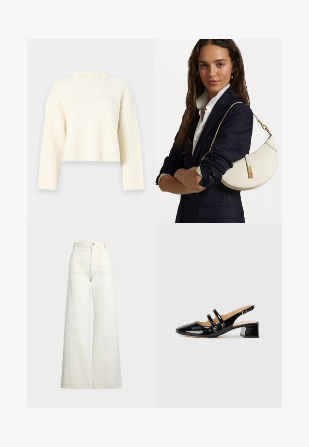 Kremkrāsas īss džemperis ar teksturētu rakstu, ar ribotu apakšmalu un garām piedurknēm. Izgatavots no mīksta adījuma materiāla.; Platās kājas džinsi off-white denima. Augsta jostasvieta ar pogu aizdari, divas priekšējās kabatas un kontrastējošas šuvju detaļas.; Melna lakotā ādas sandale ar norādītu pirkstu, divām siksnām, zelta apaļiem akcentiem un zemu bloku papēdi.; Balta ādas rokassoma ar izliekumu formu, zelta furnitūru un teksturētu apdari, valkāta pāri tumšam žaketam un baltai krekla.