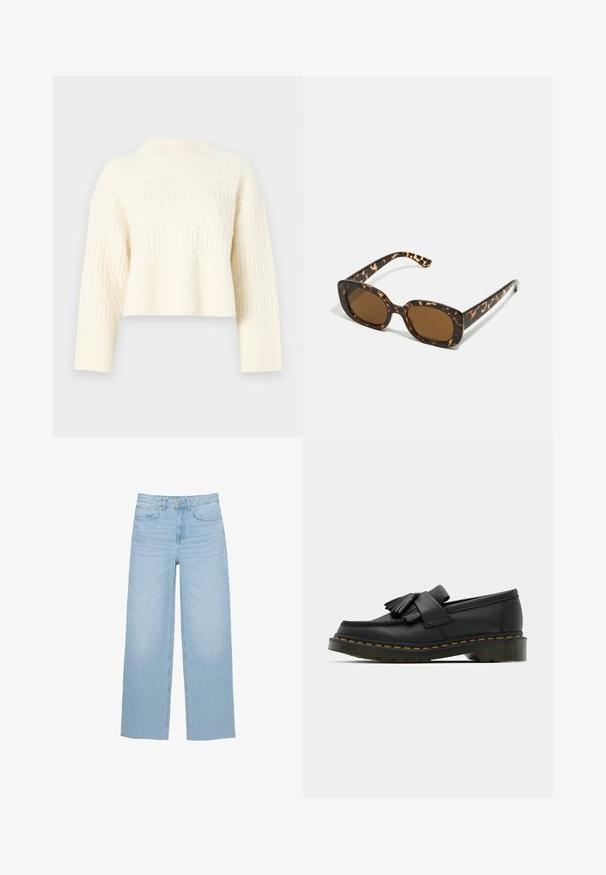 Pull court de couleur crème avec un motif texturé, doté d'un ourlet côtelé et de manches longues. Fabriqué en un matériau tricoté doux.; Jean large bleu clair en denim, avec une taille haute, coupe droite et un design à cinq poches avec un ourlet net.; Mocassins en cuir noir avec un bout rond, présentant un détail à franges et une bande décorative à l'avant, montés sur un talon épais.; Lunettes de soleil en écaille de tortue avec une monture ronde et épaisse et des verres marron. Présente des motifs subtils et des branches droites et effilées.; Zign LEATHER - Cabas - light brown