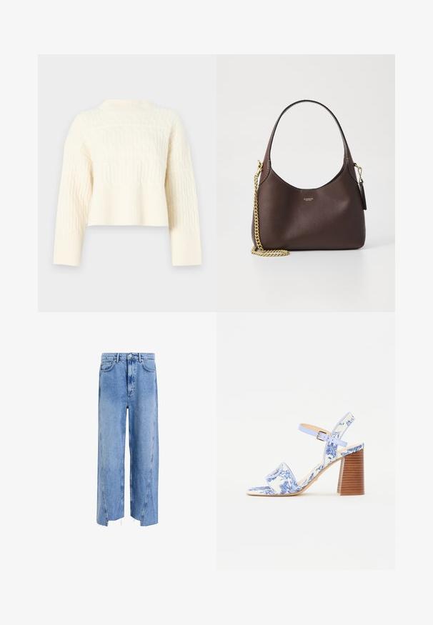 Tejkrém színű, crop fazonú pulóver, texturált mintával, bordázott szegéllyel és hosszú ujjal. Puha kötött anyagból készült.; Világoskék farmernadrág, laza szabással, magas derékkal, széles lábakkal, nyers szegésekkel és látható varrási részletekkel.; Kék virágmintás szandál négyzetes orral, széles pánttal és állítható bokapánttal, texturált fa sarokkal.; COACH BROOKLYN SHOULDER BAG 23 - Kézitáska - maple