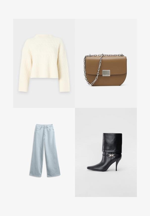 Kremowy krótki sweter o teksturowanym wzorze, z prążkowanym wykończeniem i długimi rękawami. Wykonany z miękkiego dzianinowego materiału.; Jasnoniebieskie spodnie z szerokimi nogawkami wykonane z denimu, z klasycznym pięciopocketowym wzorem i zapięciem na guzik w pasie.; Czarne skórzane botki za kostkę z ostrym noskiem, wysokim obcasem w kształcie stiletto, z załamanym mankietem oraz złotym dekoracyjnym zapięciem na kostce.; Brązowa skórzana torebka na ramię o zaokrąglonym kształcie, ze srebrnym łańcuszkiem i kwadratowym metalowym zapięciem z przodu.