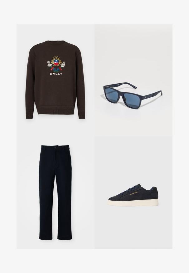 Brown knitted sweater featuring a central embroidered logo with floral motifs and the word "BALLY" in white at the bottom.; Navy blue trousers made of cotton, featuring a straight-leg design, a front button closure, and classic waistband with belt loops.; Navy blue suede low-top sneaker with white sole, navy laces, and "Filling Pieces" logo in gold on the side.; Blue rectangular sunglasses with dark lenses, matte navy frame, logo detail on the temple, straight arms, and a solid, smooth texture.