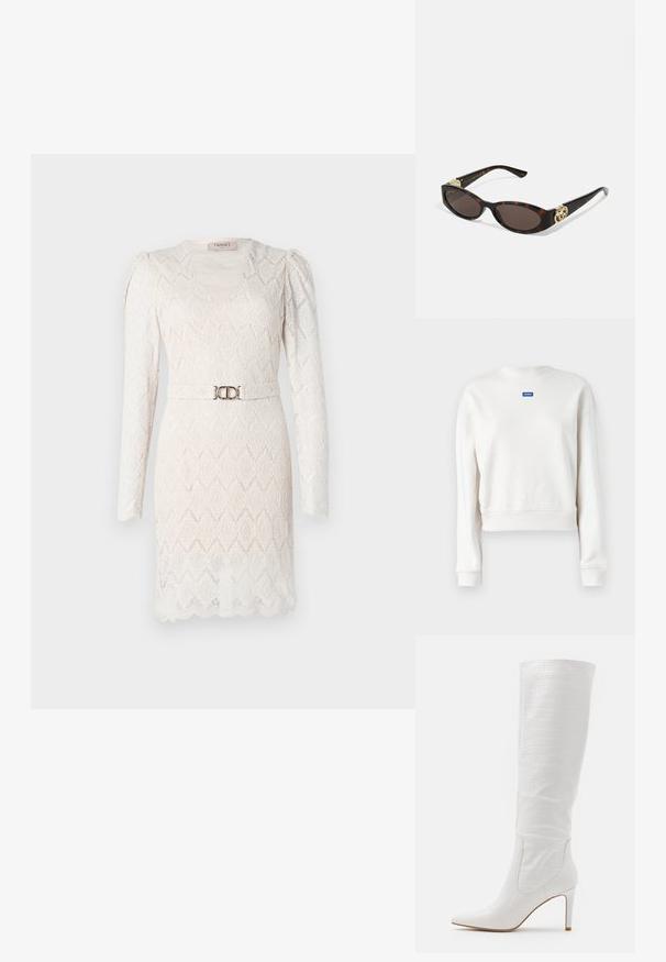 Pullover bianco corto realizzato in morbido tessuto, con scollatura e polsini a costine, che presenta un logo blu "HUGO" sul petto.; Abito in pizzo color avorio con maniche lunghe, scollatura a V e texture a motivo. Presenta una cintura tono argento in vita per dare risalto.; RAID TRIBUTE - Stivali con i tacchi - white; Occhiali da sole tartarugati con lenti ovali allungate, tonalità marrone, accenti dorati con logo sulle tempie e aste nere eleganti.; Borsa a tracolla beige con un motivo stampato, forma curvata, dettagli in pelle e un logo dorato sul davanti. Presenta una maniglia corta per un facile trasporto.; Anelli intrecciati in oro tono, sovrapposti insieme, caratterizzati da un design testurizzato con bordi lisci e curvi, creando un aspetto organico e fluido.