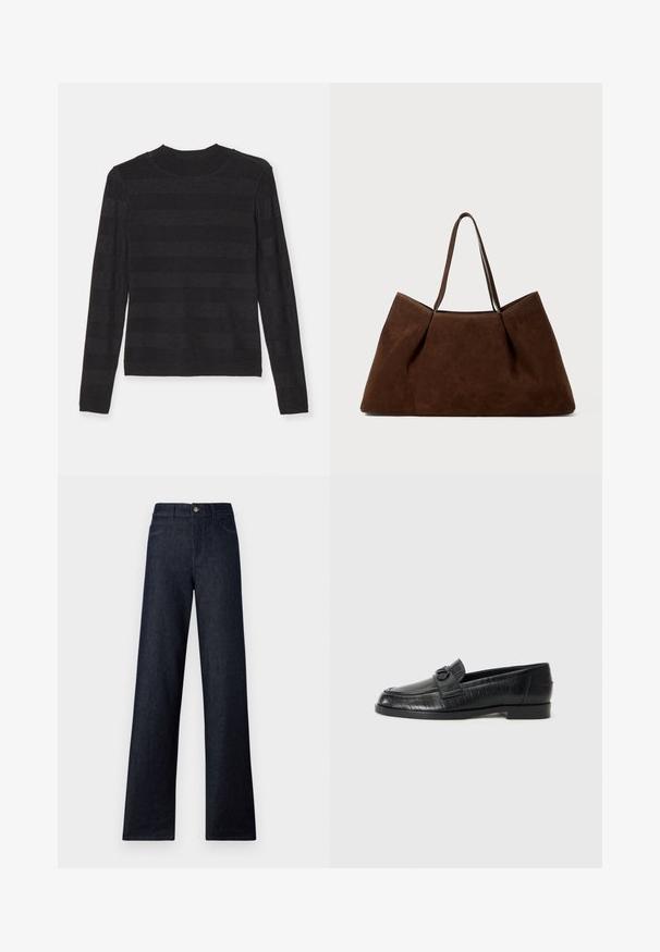 Črna dolga majica z dolgimi rokavi, ki ima mehak, teksturiran zaključek z izmeničnimi mat in rahlo sijočimi vodoravnimi črtami. Visok ovratnik.; Temno modri visok pas hlače iz džinsa z širokimi nogami, ki imajo pet žepov, zapiranje na gumb in kontrastno šivanje. Gladka tekstura brez vzorcev.; Črne usnjene loafers čevlje z gladko zgornjico, embosiranim linearnih vzorcem in dekorativno zaponko na sprednjem delu. Nizek blok pet.; Rjava semiš torba za na ramo z dvema naramnicama, prostornim pravokotnim oblikovanjem in minimalističnim dizajnom. Mehka tekstura s gladko površino.