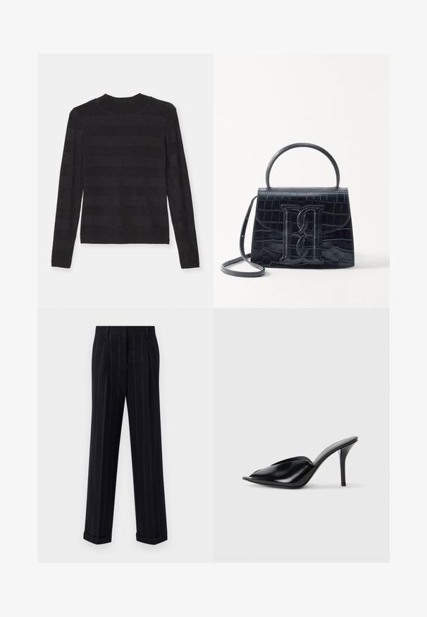 Black long-sleeve sweater featuring a soft, textured finish with alternating matte and slightly shiny horizontal stripes. High neckline.; Black pinstriped trousers with a tailored fit, featuring a cuffed hem and front pleats. Made of smooth fabric with a structured design.; Black leather high-heeled mules with an open toe, pointed design, smooth texture, and a slim stiletto heel.; Black crocodile-embossed leather handbag with a structured design, top handle, adjustable strap, and a prominent front logo detail.