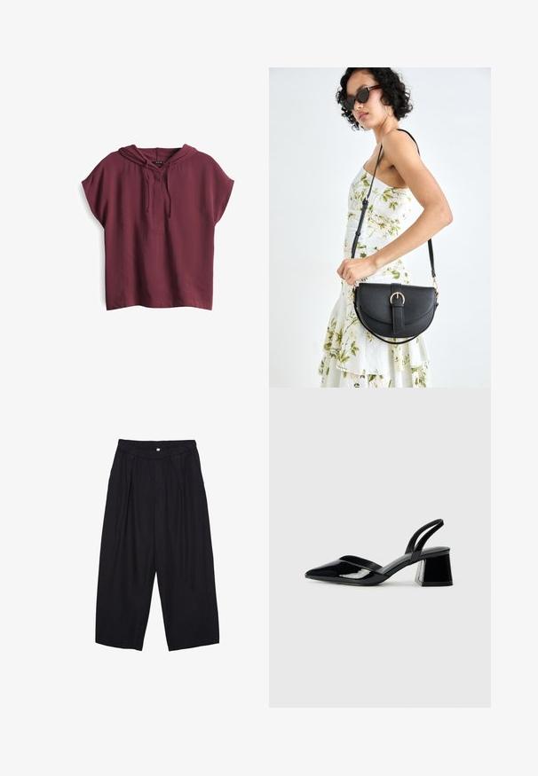 Hoodie corto borgogna a maniche corte con un fit relax, realizzato in tessuto leggero. Include un cordoncino e una scollatura aperta. Texture liscia.; Pantaloni culotte neri in poliestere con una cintura elastica, due pieghe frontali e una silhouette ampia. Nessun motivo visibile o dettagli in metallo.; Décolleté in vernice nera con punta affusolata e tacco in geometria cubica. Presentano un design elegante e minimalista, con una texture liscia.; Borsa a tracolla nera in pelle con una forma curva, manico rimovibile e accessori dorati. La borsa presenta una patta con un dettaglio a fibbia.